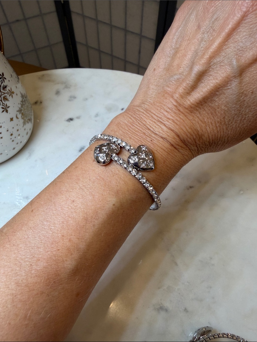 Crystal Heart Pavé Silver-Tone Bracelet stainless steel strechy .